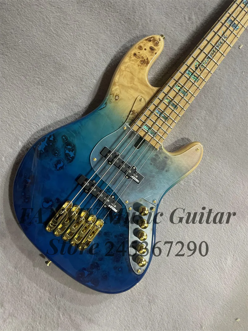 Blue bass 5 strings electric bass Burl maple top ash wood body roasted maple neck gold bridge active battery