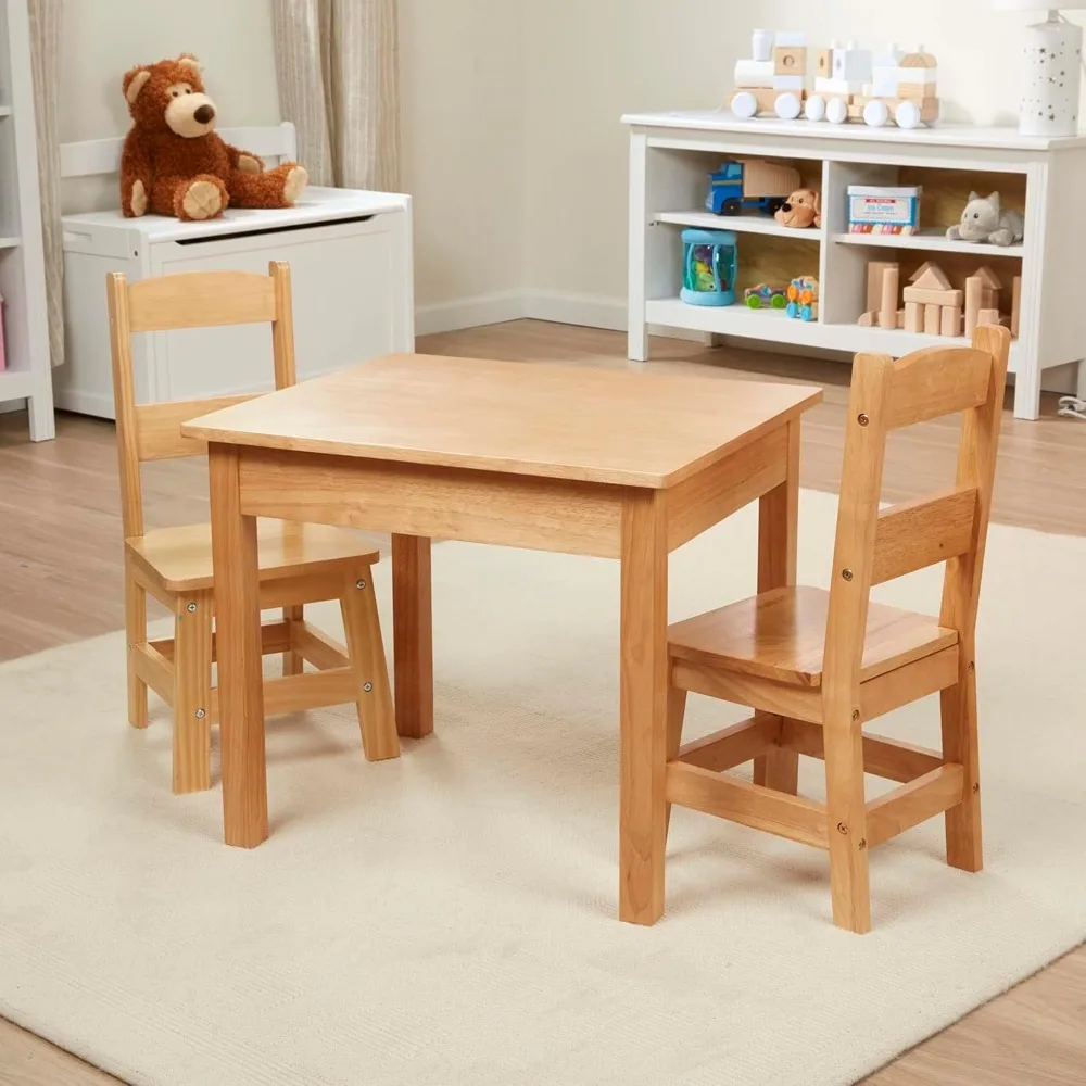 Rectangular Solid Wood Table and 2 Chairs Set - Light Finish Furniture for Playroom
