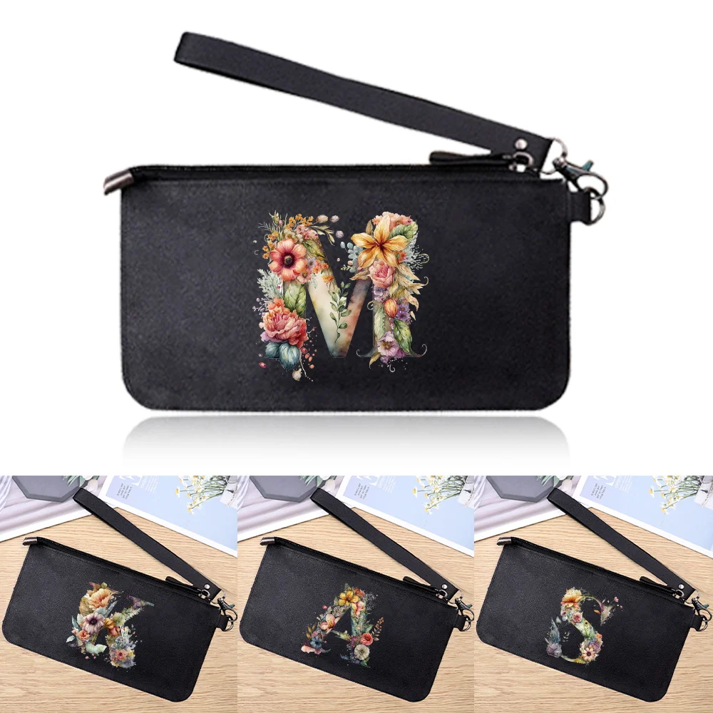 

Women Wallet RFID Blocking Clutch Zip Around Travel Leather Purse Credit Card Holder with Grip Hand Strap Floral Letter Pattern