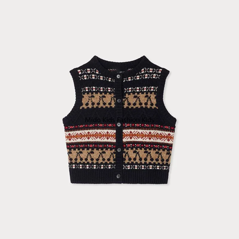 

2025 autumn and winter new cherry cardigan full wool vest girls waistcoat jumper 2-12Y