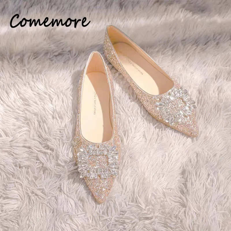 Comemore Champagne Color Flat Shoes Female Pointed Autumn Summer New Silver Low Heel Rhinestone Wedding Bridal Shoe Pumps