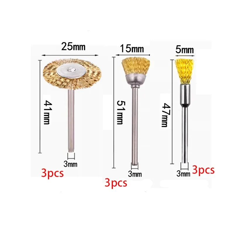 9-teiliges Set Stahlbürsten und Messingbürsten für Drehwerkzeuge, Elektrische Dremel-Bohrmaschinen, Polier- und Schleifscheiben, T-förmige Bürsten-Zubehörteile – Detail 1