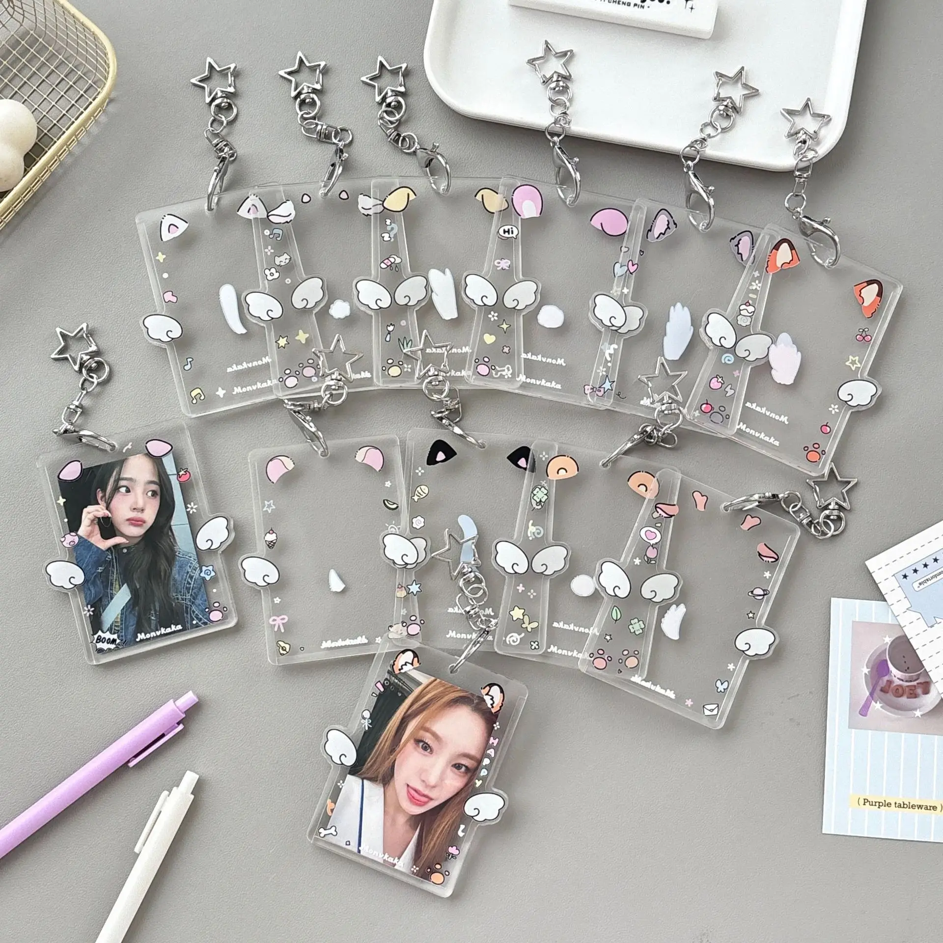 Cute 3-Inch Animal Ear Photocard Holder Charm Keychain Kpop Idol Photo Sleeve For Student Id Bag Pendant Cute Card Protector