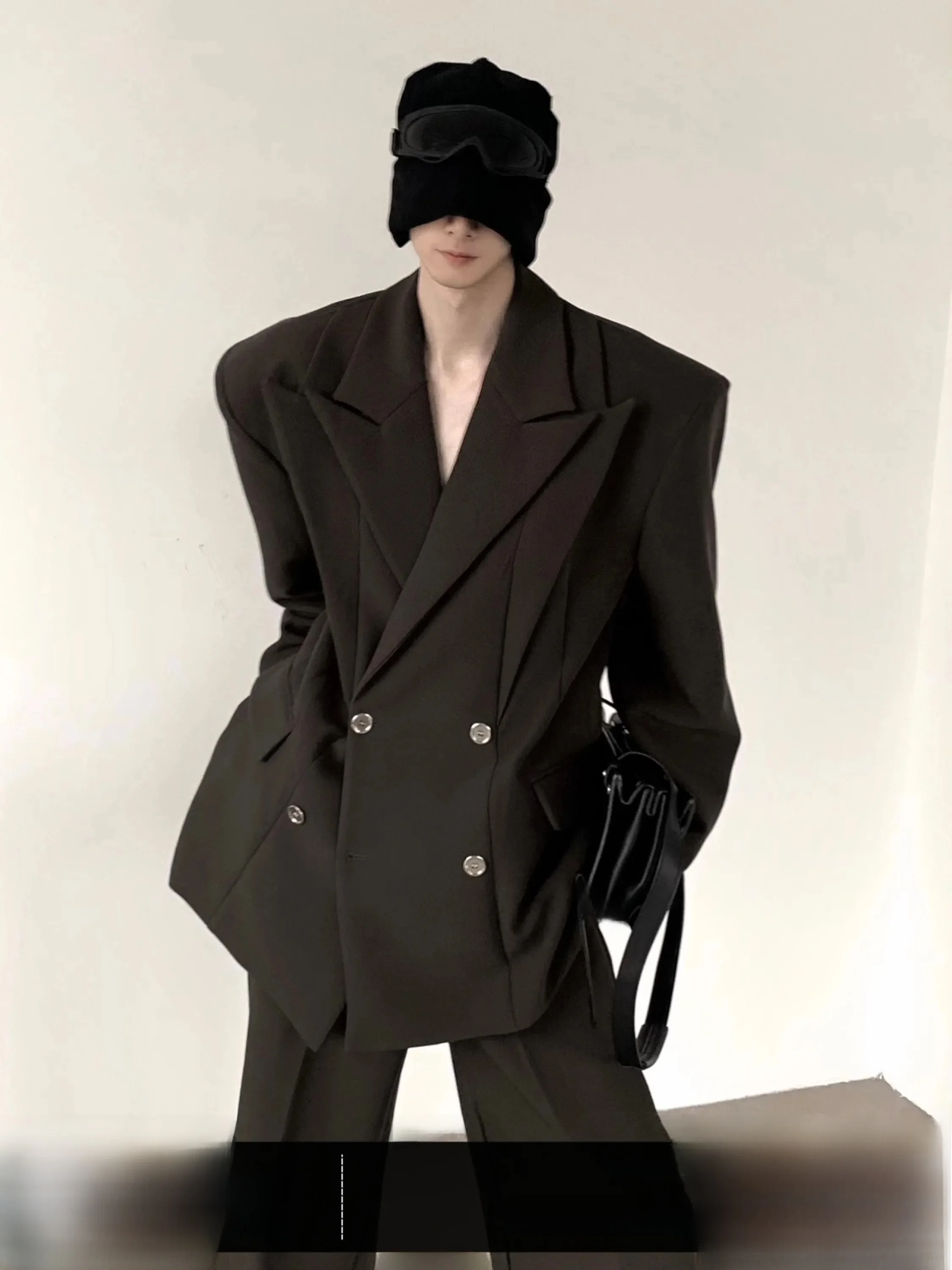Autumn Mountain Wind Casual Men's Suit Set Shoulder Pads Khaki Color Lapel Wide Collar Style Comfortable Fit Autumn Outerwear