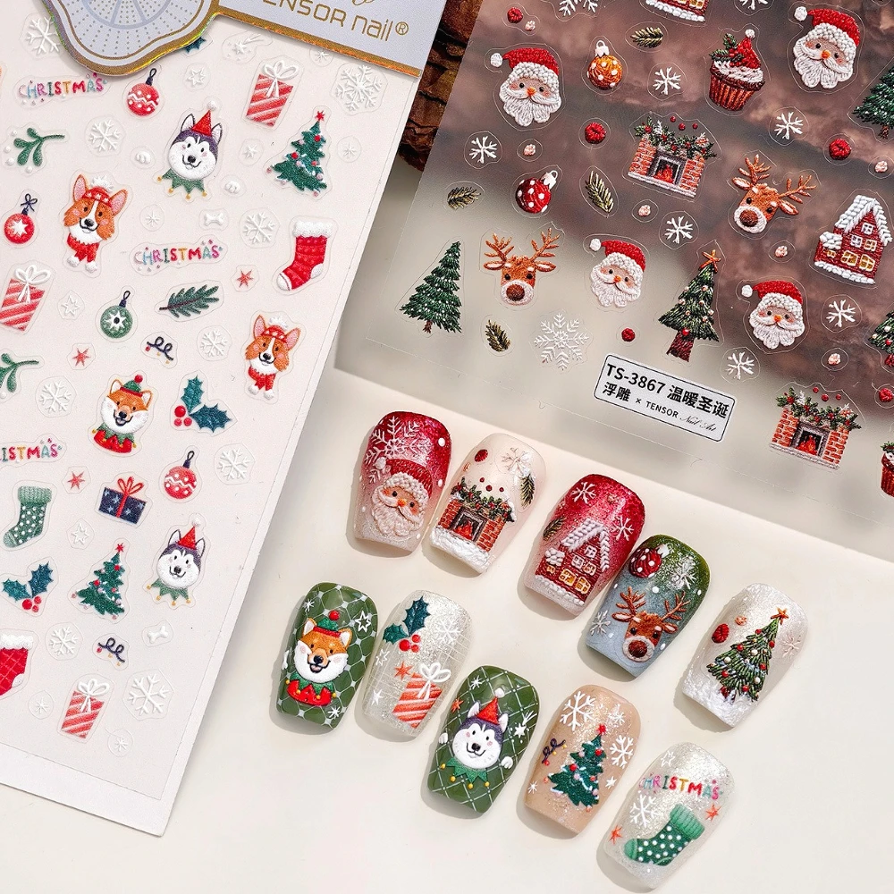 

Cute Santa Claus Husky Corgi Christmas Tree Gift Stocking Snowflake Cartoon 5D Embossed Nail Art Stickers Xmas Manicure Decals