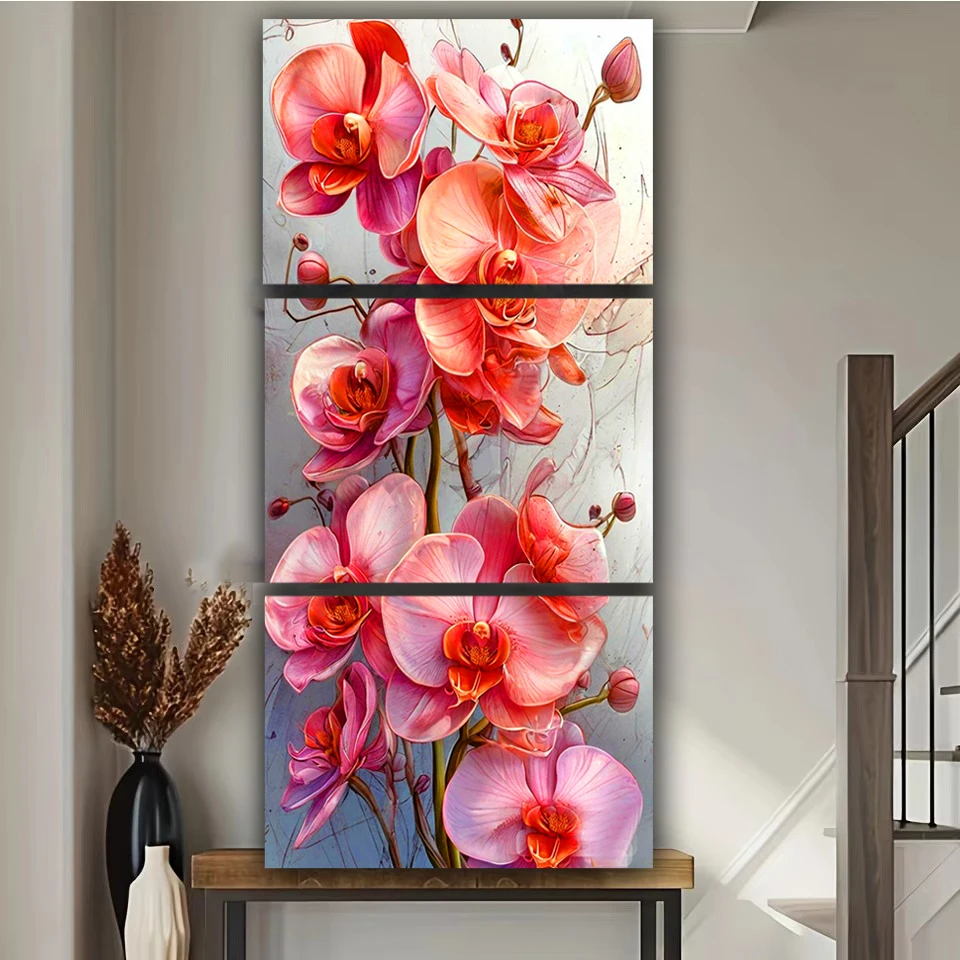 Pink Orchid Flowers 5d diy diamond painting triptych Full Square Round Diamond mosaic Jewelry cross stitch Home decor still life