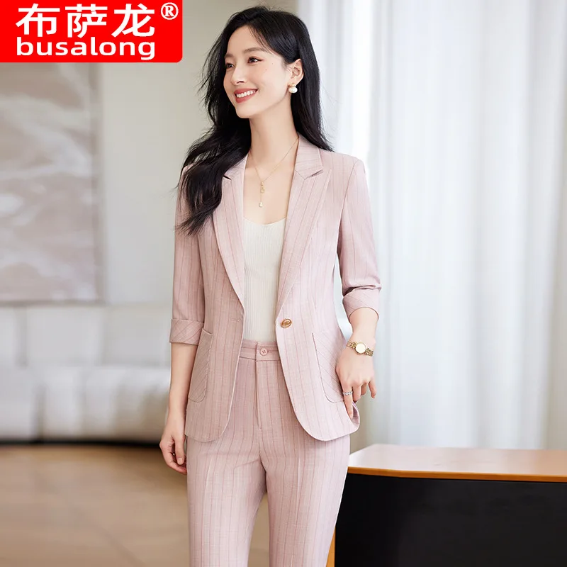 Casual Thin Striped Suit Women's Spring and SummerOLBusiness Temperament Goddess Temperament Fashion High Sense Mid-Sleeve Suit