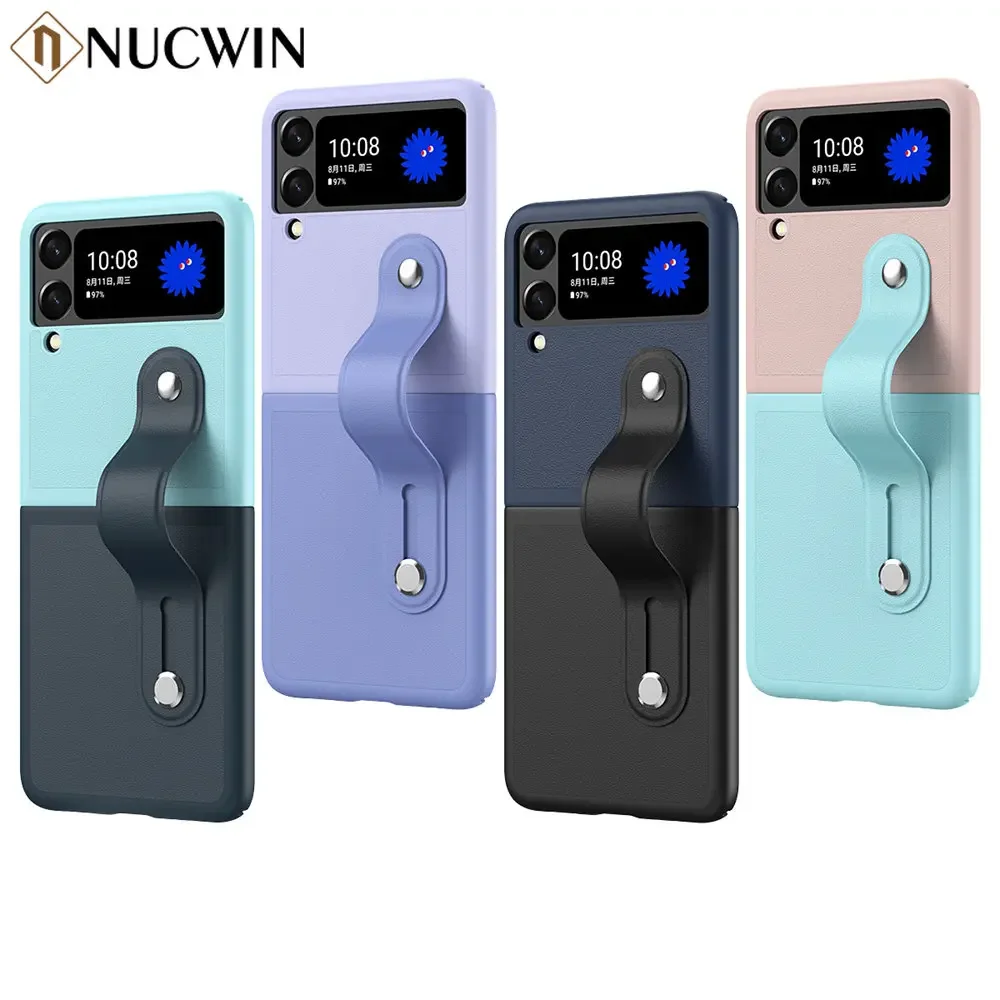 For Samsung Galaxy Z Flip 6 5 Leather Wristband Color Contrast Shockproof Bracket Case For Z Flip 6 5 4 3 Lens Protection Cover