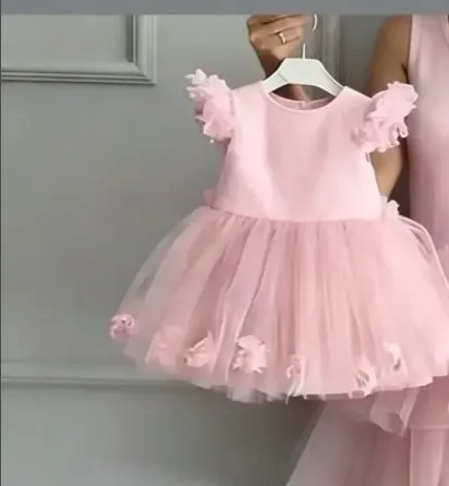 Super Cute Short Pink Tulle Mother and Daughter Dress for Baby Birthday Party Ruffles Flowers Mommy and Kids Matching Gown