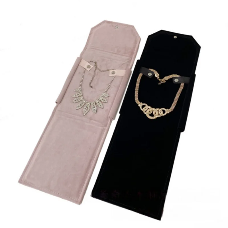 Jewelry Necklace Display and Storage Square Bag Pink Velvet Pearl Necklace Packaging Roll Bag Black PU Leather Pendant Bag