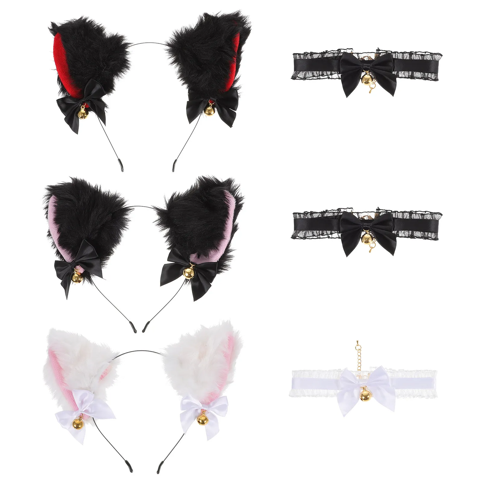Ensemble de 3 accessoires pour déguisement Lolita : Bandeau oreilles de chat, collier en dentelle avec nœud et clochette, kit de déguisement pour fête et carnaval