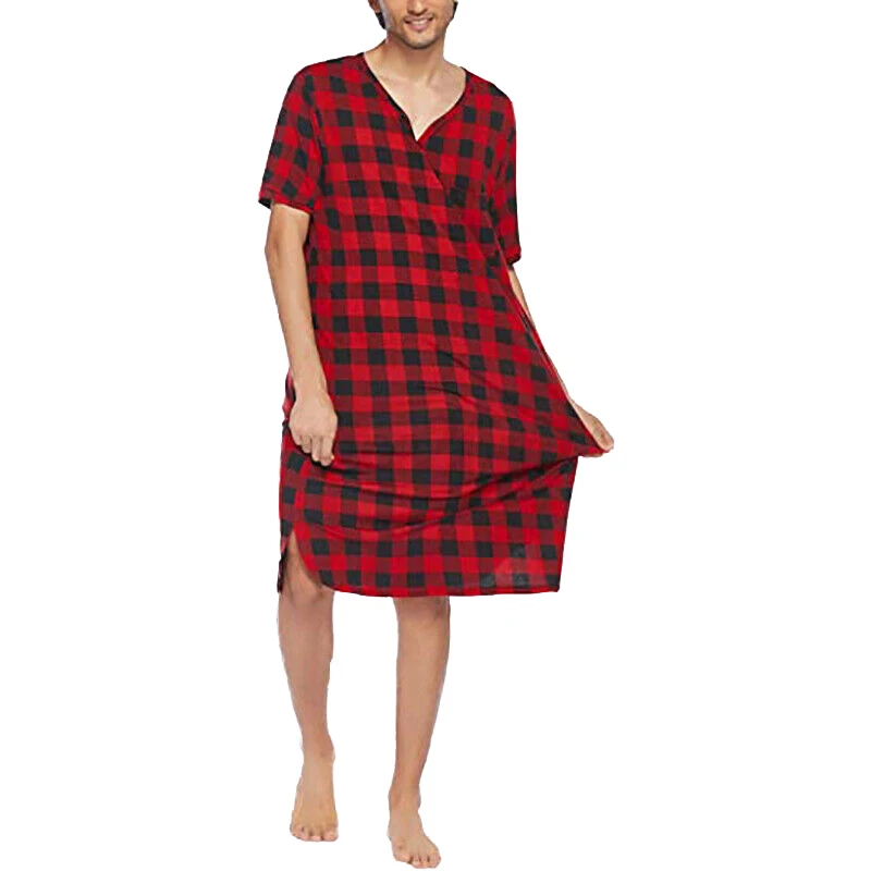 Cotton Plaid Sleep Robe Men Pajamas Short Sleeve V-neck Casual Homewear One-piece Comfortable Home Loose Bathrobe 2023