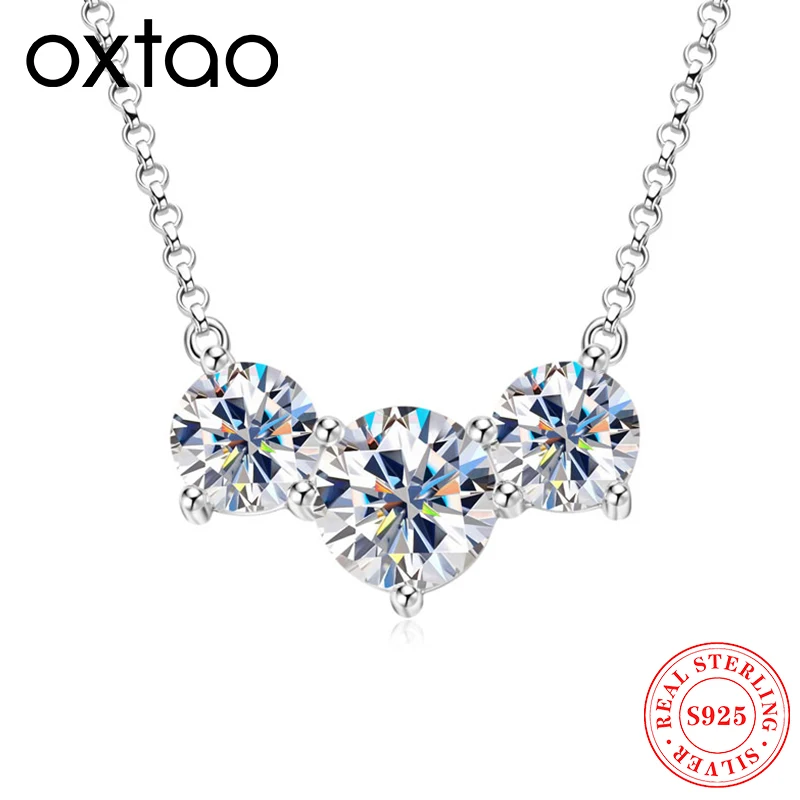 

OXTAO D Moissanite Necklace for Woman Wedding Fine Jewely 925 Sterling Sliver 8mm&6.5mm Three Stone Pendant Necklace for Women