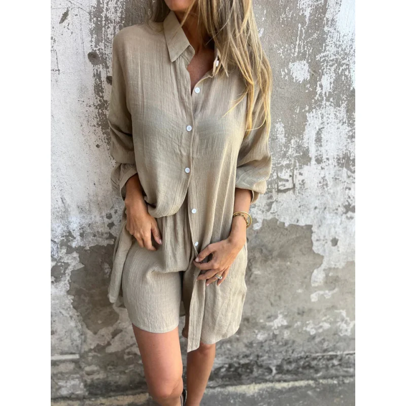 

2025New European and American Hot New Women's Casual Solid Color Cotton Linen Shorts Long Sleeve Champray Shirt Two-Piece Set