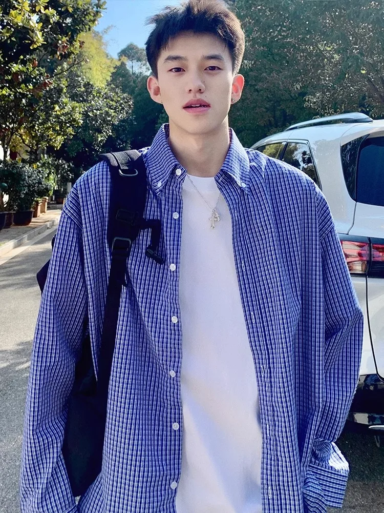 

Loose Long Sve Plaid irt Men's Casual Sle Spring Autumn Breathable Comfortable Youth Faion Button Closure Coat