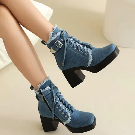 Big Size 43 Denim Modern Ankle Boots Women Blue Buckle Chic Cross Tie Boots Rose Red Chunky Super High Heels Lady Shoes