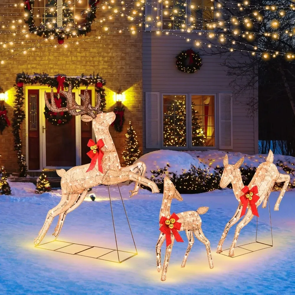 3 Pieces Lighted Christmas Reindeer, Holiday Reindeer Family Set with 255 Warm White Lights, Stakes, Indoor Outdoor Reindeer