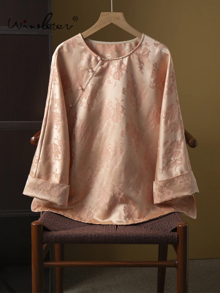 

Winsleter- 30% Silk 70% Wool Elegant Shirt, O Neck Jacquard Buttons, Women Temperament Luxury Blouse, 2025 Winter New T5D208CC