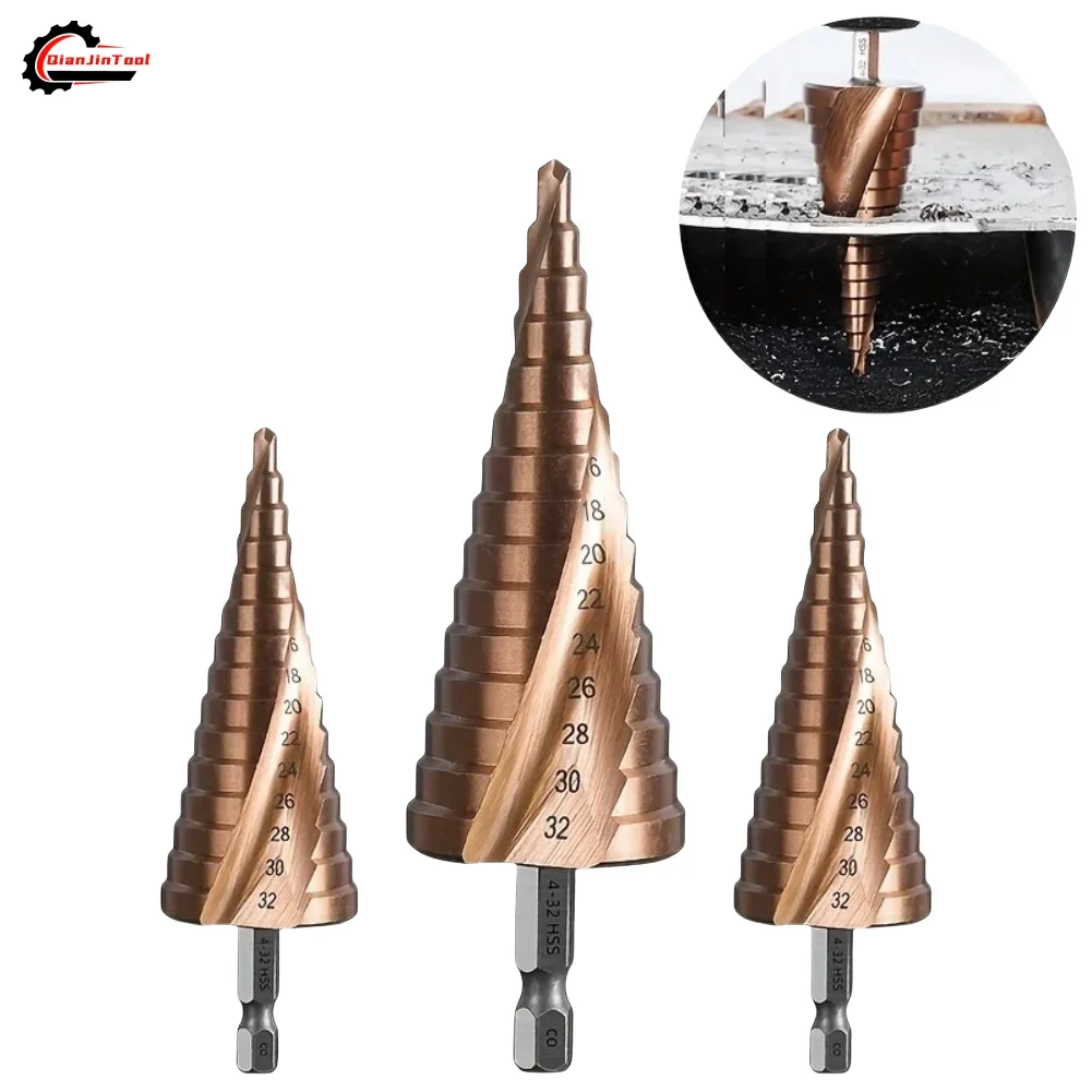 M35 Cobalt Step Drill Bit Tapered 4-12/4-20/4-32mm HSS-CO Spiral Groove Bit Hole Open Saw Spiral Groove Hex Shank Metal Drill