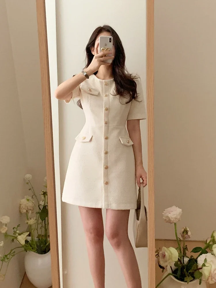 Verão novo coreano elegante tweed vestido feminino pequena fragrância manga curta único breasted mini vestidos de alta qualidade