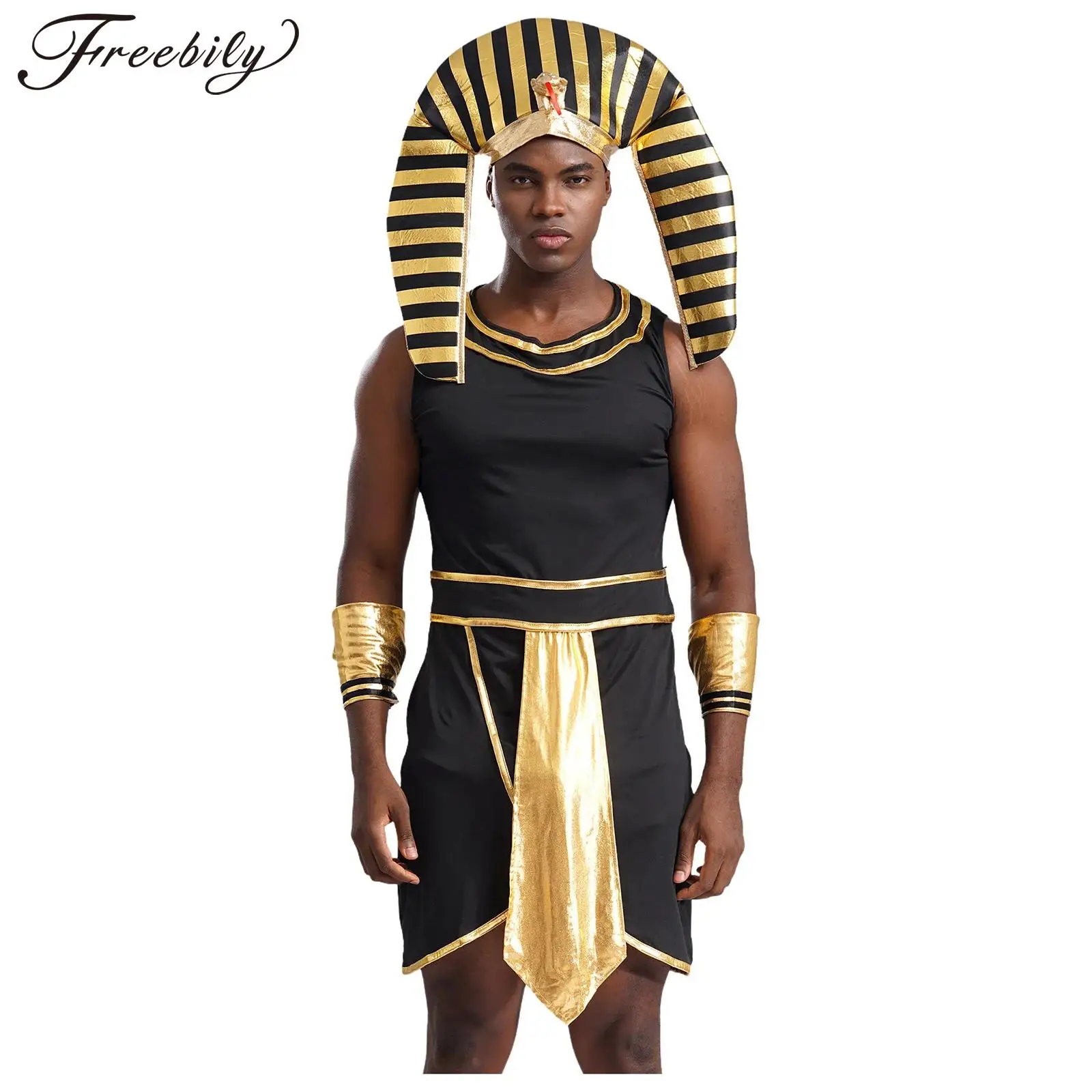 Mens Halloween Egyptian Pharaoh King Cosplay Costume Sleeveless Zipper Dress with Cuffs Snake Head Hat Ancient Egypt Clothes