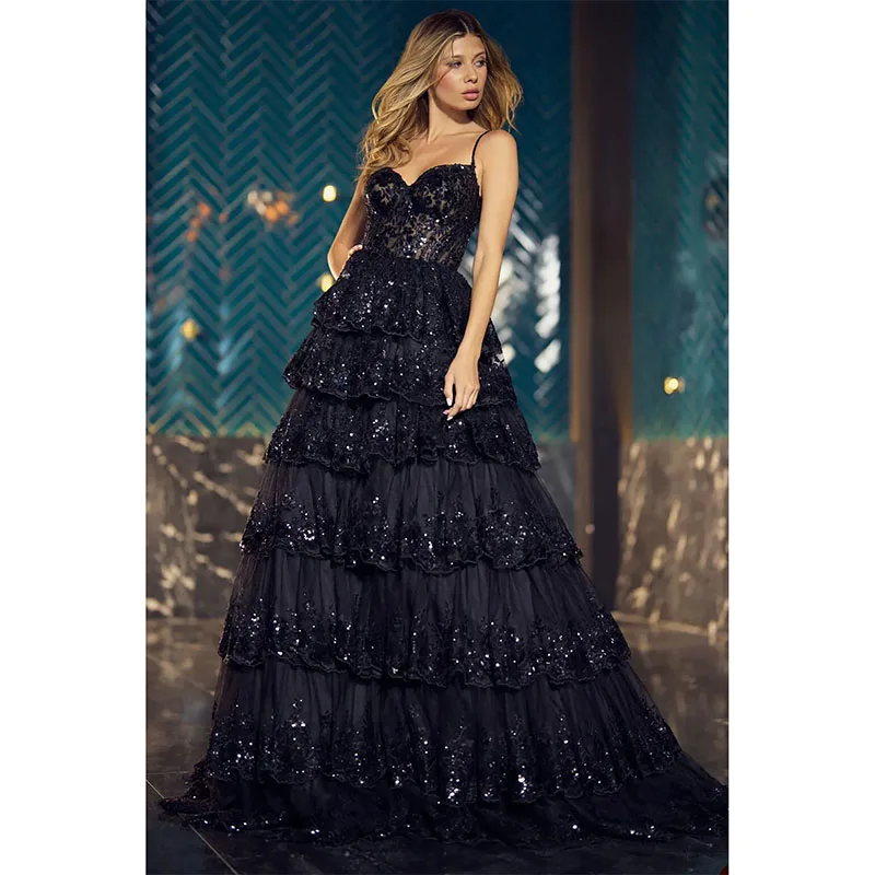 Exquisite schwarze Abendkleid elegante Spaghetti träger Pailletten eine Linie Kleider boden lange Spitze Ballkleid