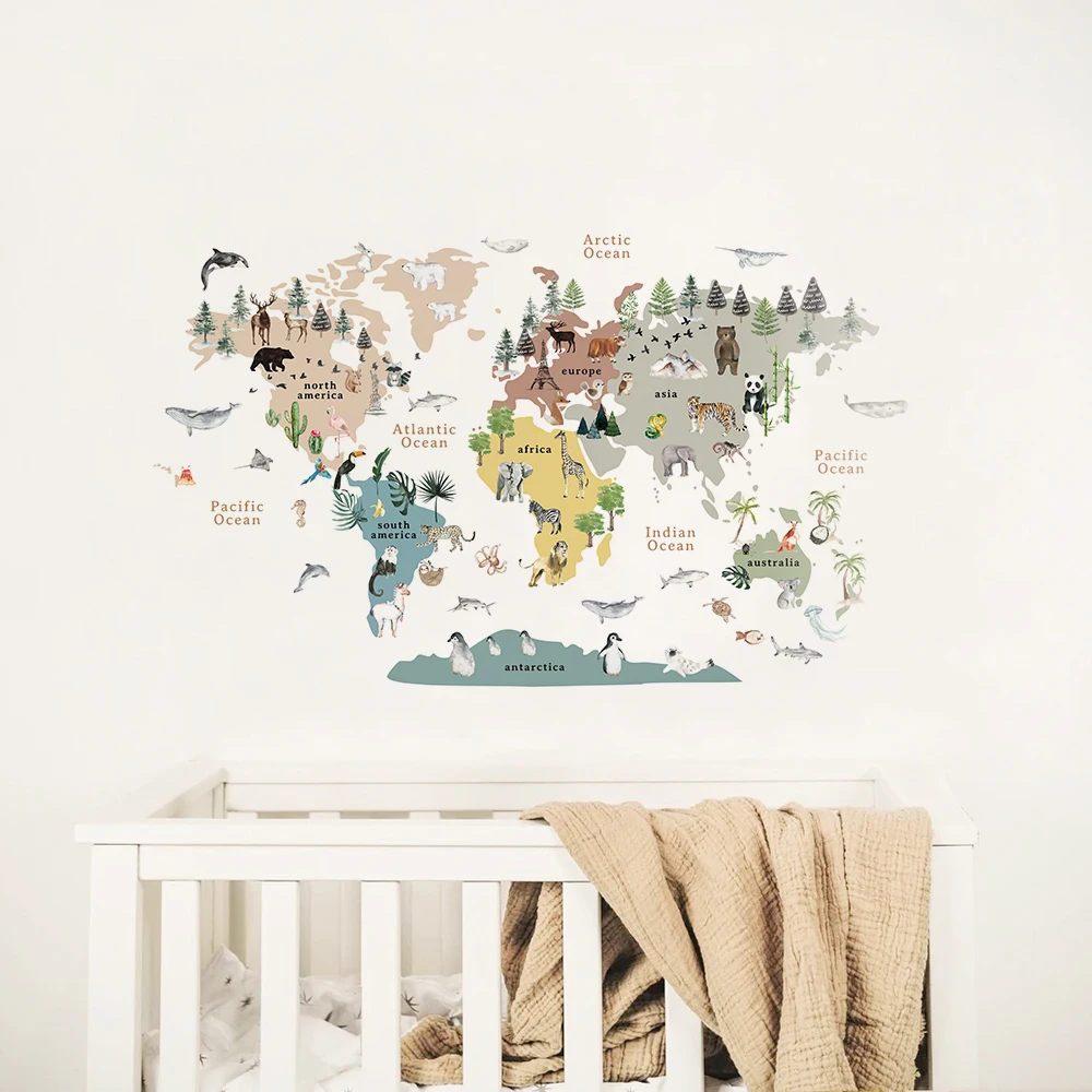 Cartoon Large World Map Animals Theme Educational Wall Stickers Nordic Nursery Art Decals for Kids Room Study Room Decoration