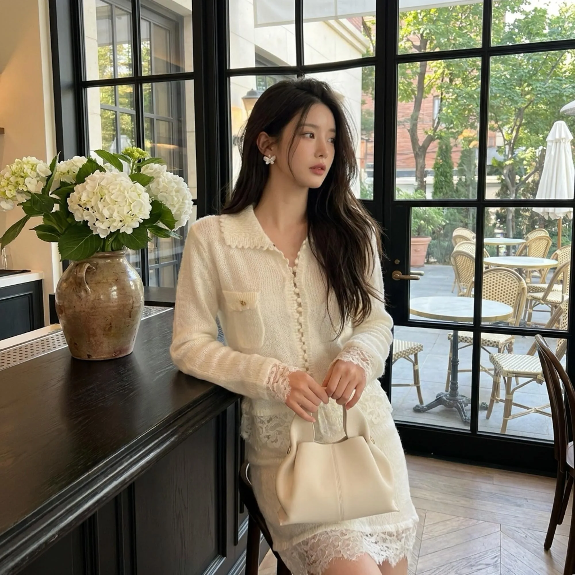 Retro Knitted Cardigan Skirt Set Female Autumn Lace Patchwork Waistcoat and Bodycon Mini Skirts 2 Pcs Ropa Mujer DM3CSE017