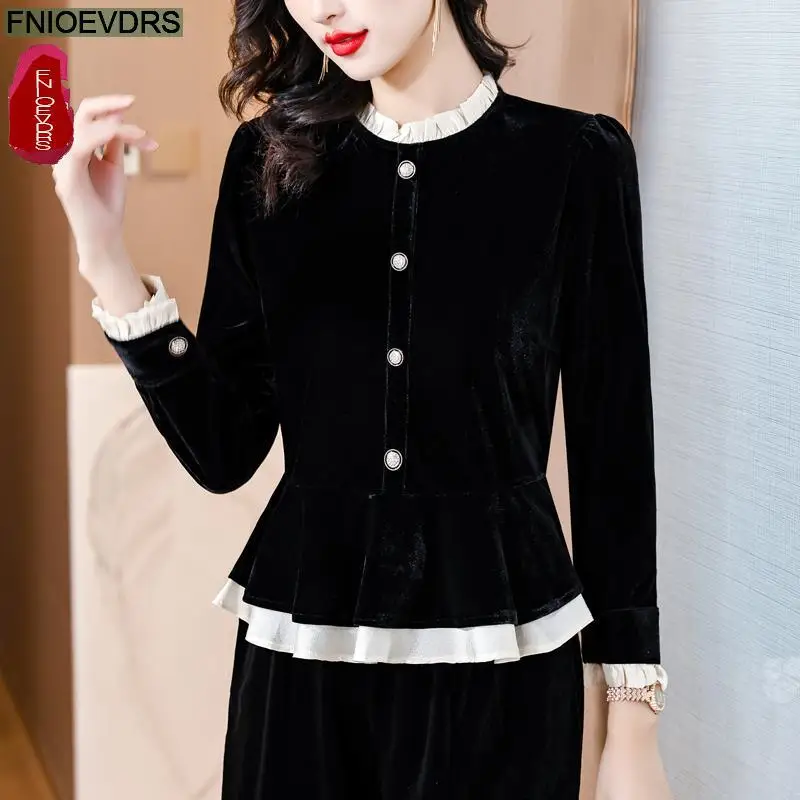 S-4XL Ruffles Black Velvet Top Women Autumn Winter French Design Elegant Office Lady Work Button Shirt Slim Retro Peplum Blouses