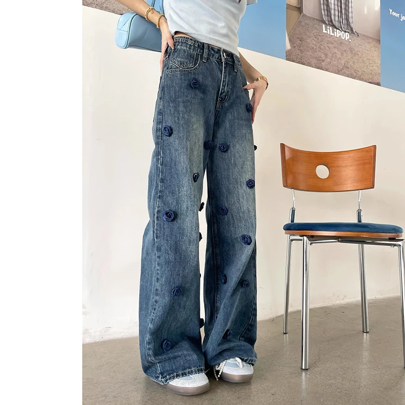 Damen-Jeanshose mit weitem Bein, Quaste, High Street, Damen, Taschen, Jeans, Damenmode, Sommer, neue Hose, 2025, 3D-Rose