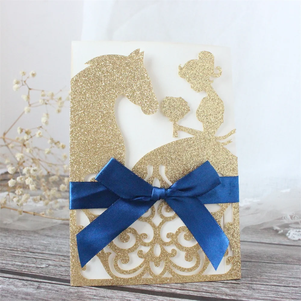 Invitation In Glittery Gold With Royal Blue Bowknot Quinceanera Bridal Shower Wed Invite Gift Cards 50pcs