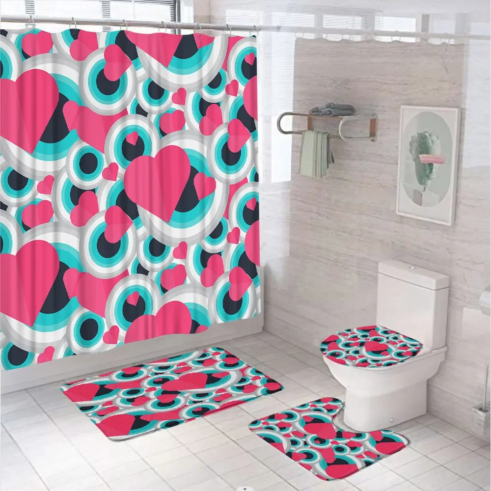 Gold Love Heart Shower Curtain Sets Valentine's Day Black Geometric Stripe Bathroom Curtains Non-Slip Bath Mat Rug Toilet Cover