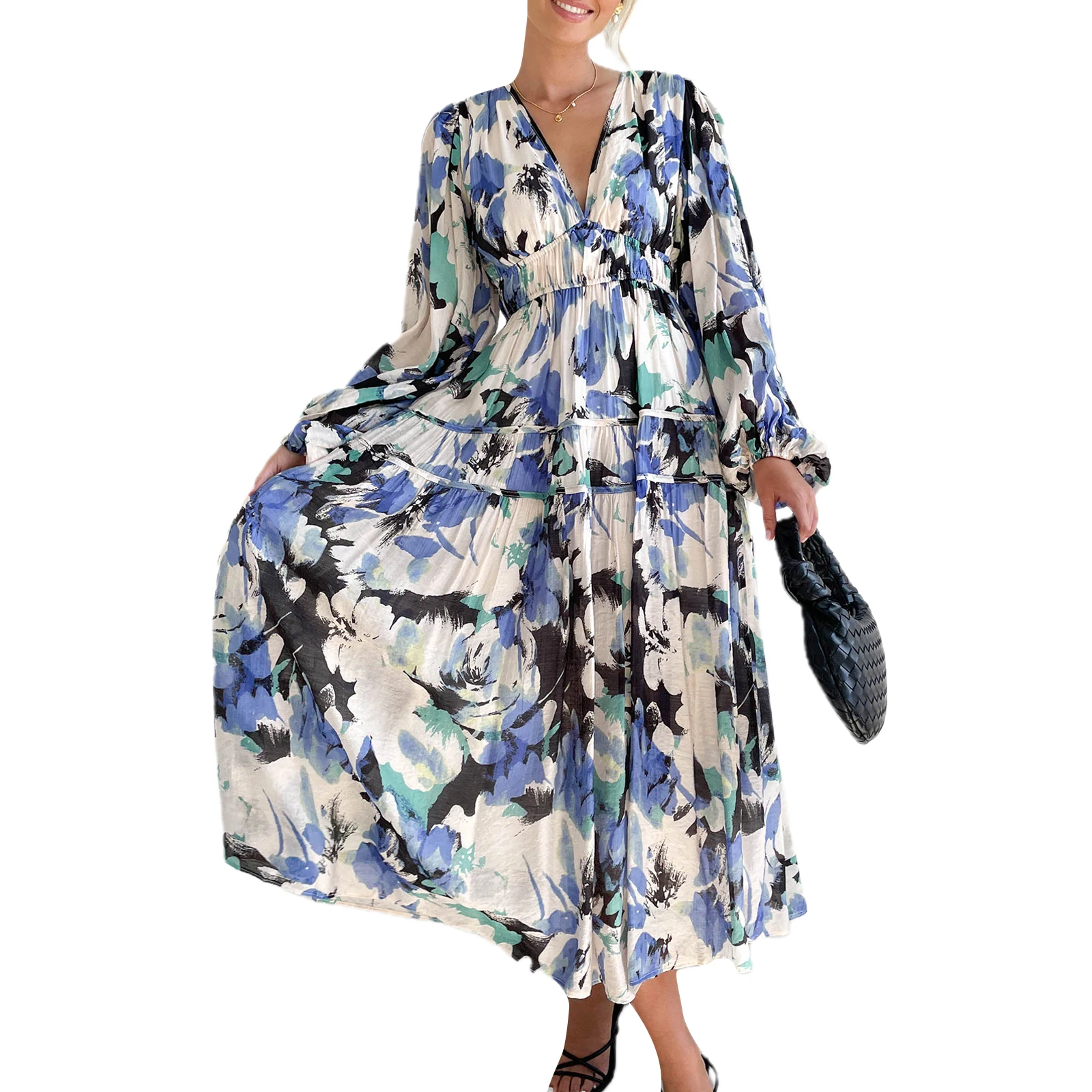 Robe longue bohème à imprimé floral pour femmes, col en V, manches longues, décontracté, élégant, plage, vacances, fête