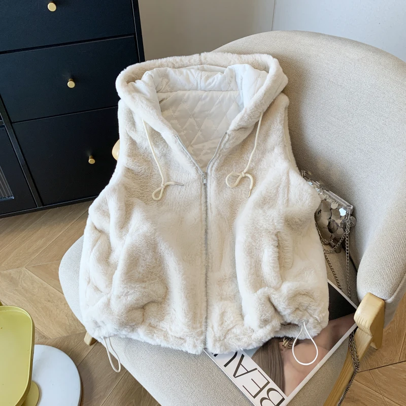 

Plush Hooded Vest Coat Womens Winter Thick Warm Loose with Drawstring Design Windproof Fashion Basic Outdoorwear Female Colthing