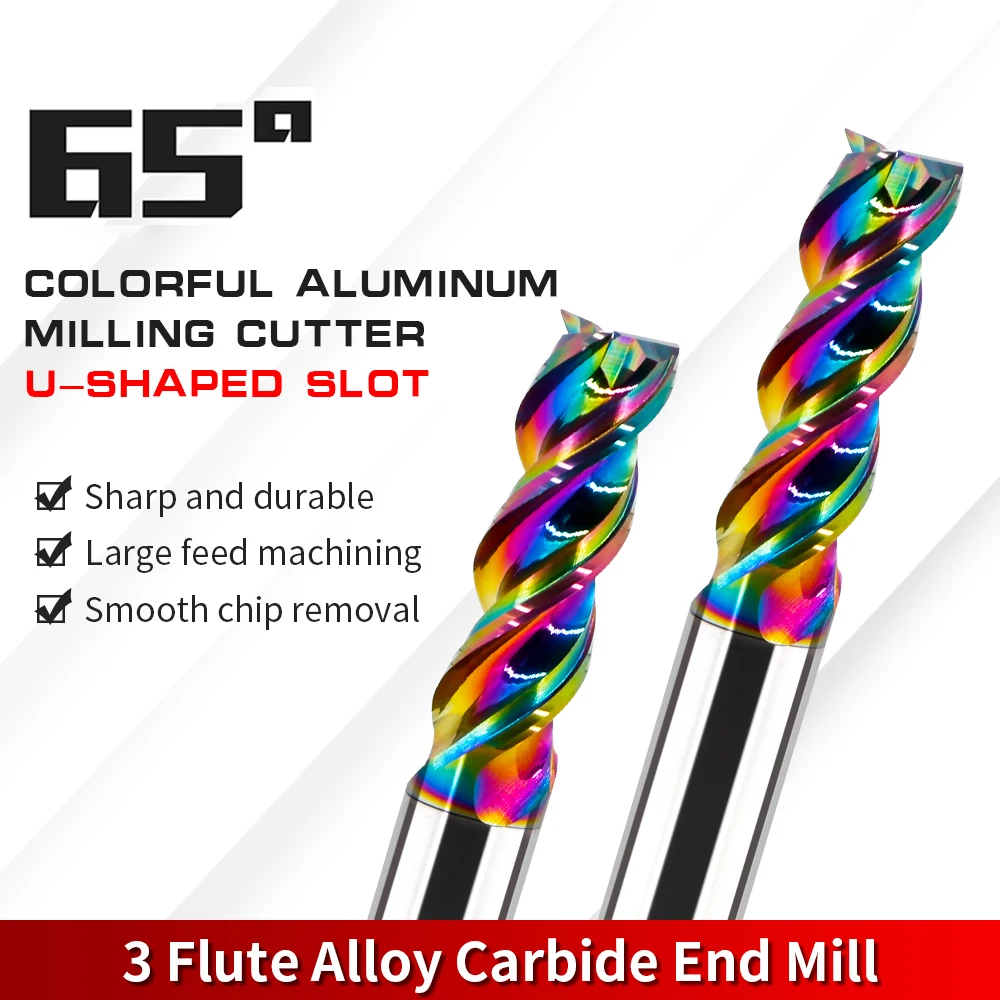 HRC65 U Shape Colorful End Mill Carbide For Aluminium High-gloss Mirror Milling Cutter 3 Flutes For Acrylic Wood Copper Plastic