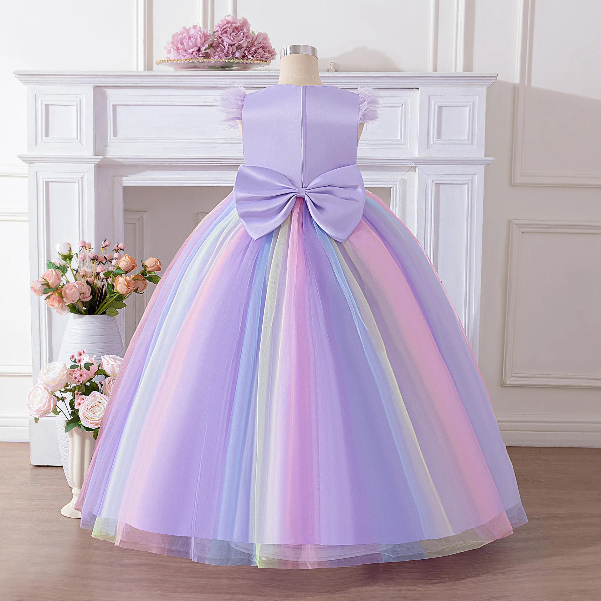 Elegant Girls Sequins Sleeveless Rainbow Mesh Princess Party Dress For Kids Wedding Party Birthday Formal Festival Vestidos