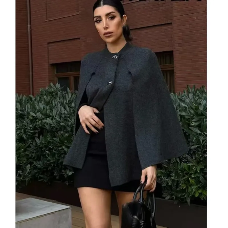 Elegant Solid Color Cape Wool Coat Women\'s Fashion Single Breasted Shawl Jacket Spring Women\'s High Street Chic Coat