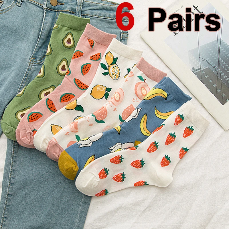 

6 пар женских хлопковых носков с фруктовым принтом и круглым вырезом, милые, милые, клубничные, персиковые, удобные дышащие повседневные носки средней длины