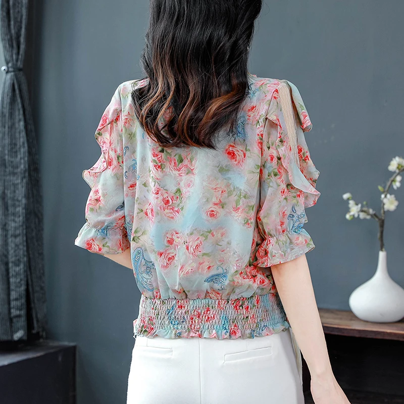 Summer Casual Women blouse 2024 Round neck Fashion Floral Printed Chiffon Shirt Patchwork Ruffles Mesh Tops