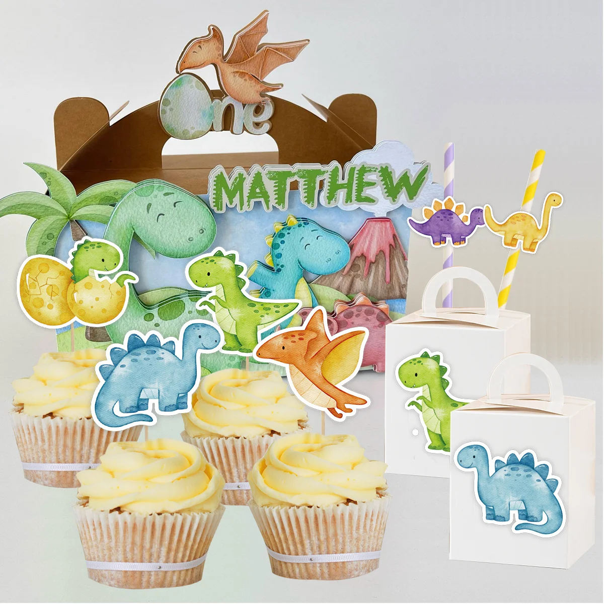 1 Satz Karton Dinosaurier Papier Aufkleber Stroh Cupcake Topper für Jungen Dinosaurier Geburtstag Baby Dusche Party Dekor DIY Geschenke Verpackung