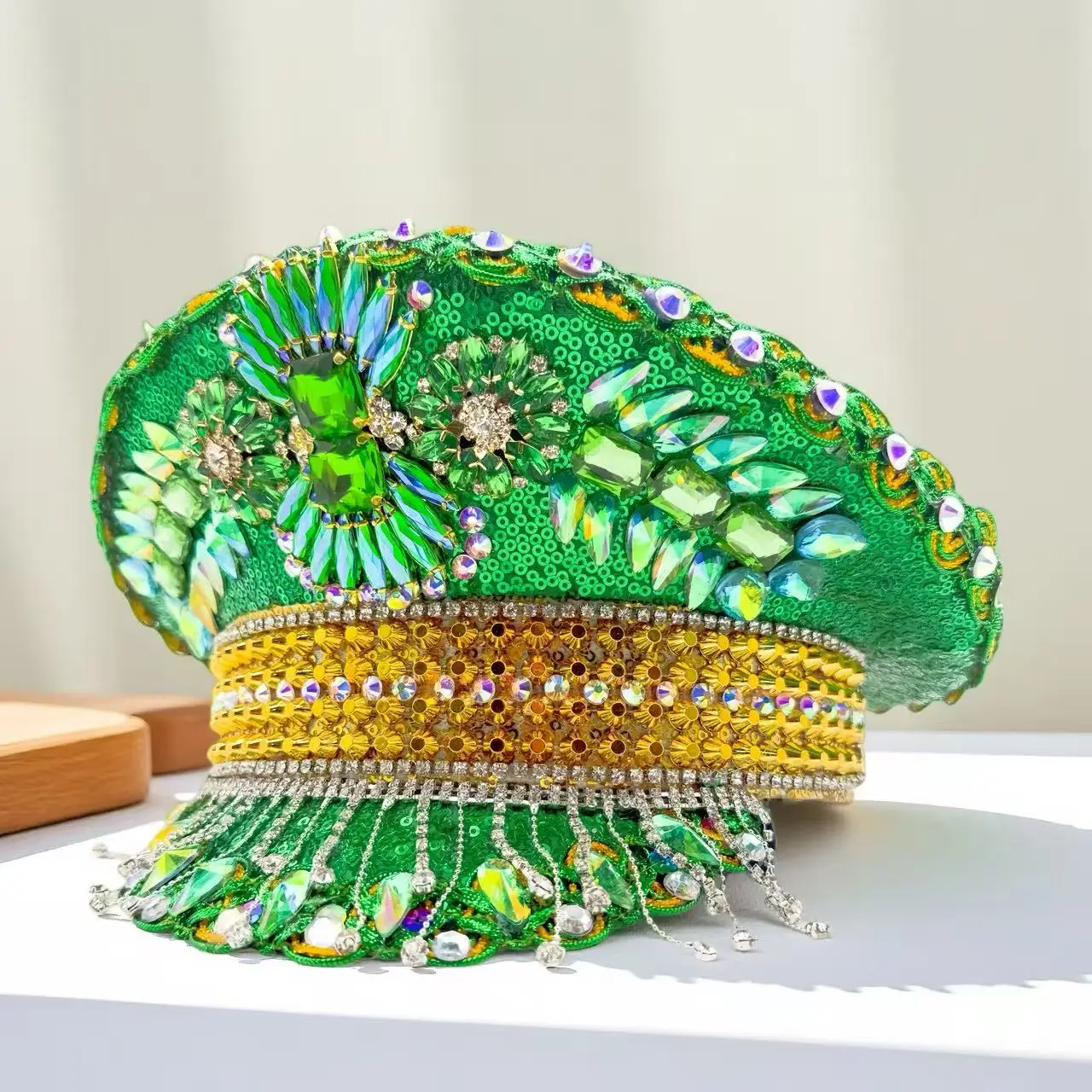 HongLuan Green Captain Hat Rhinestone for St. Patrick's Day Woman, Carnival Costume Hat Adult & Cosplay Female Accessories