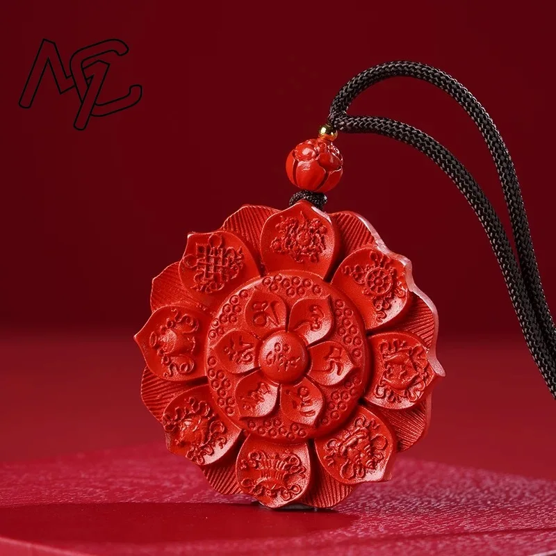 Natural Fashion Cinnabar Jade Eight Treasures Lotus Pendant Necklace Jewellery Chinese Healing Women Man Luck Gift Sweater Chain