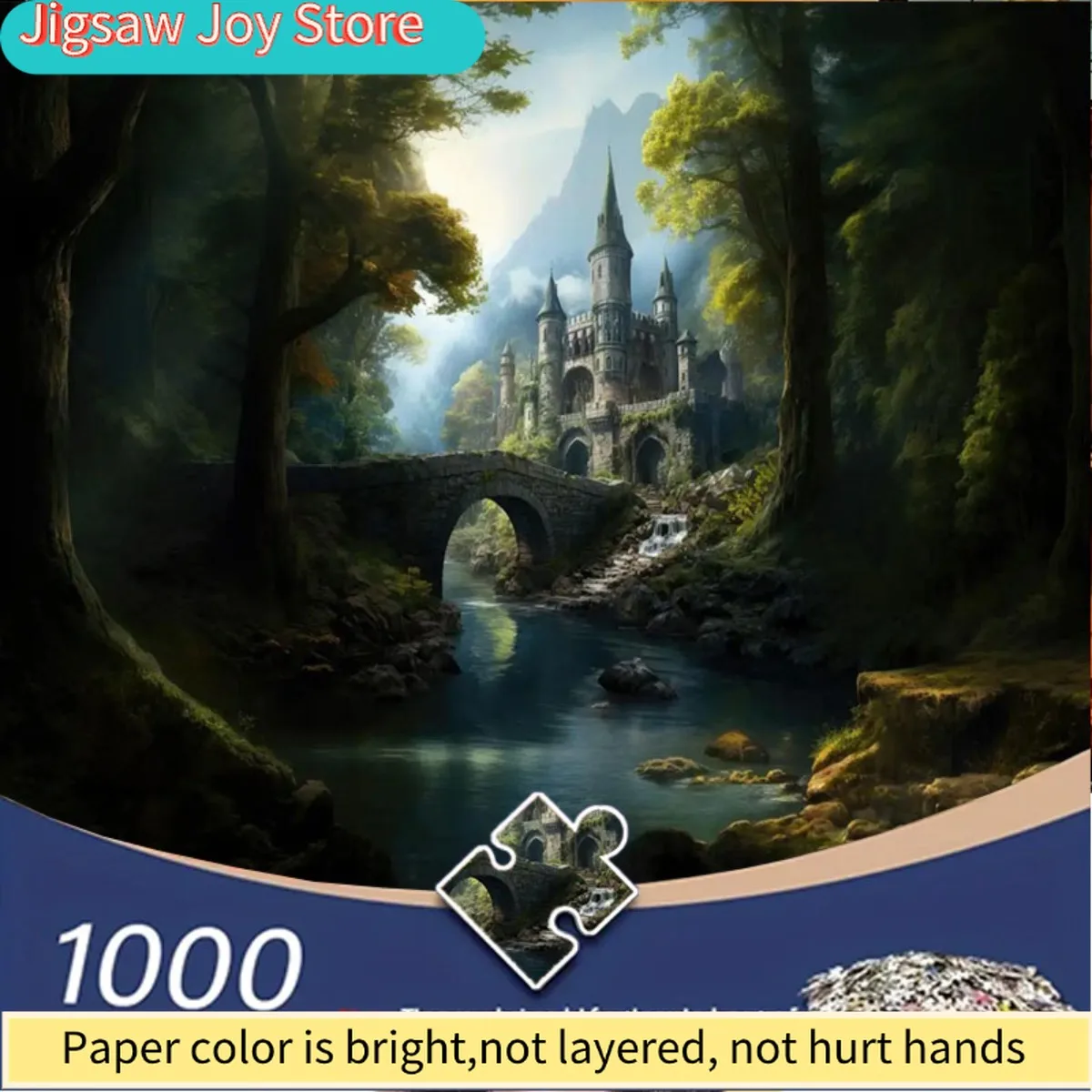 

1000pcs adult jigsaw puzzle - forest river stone bridge connecting fantasy castle with sunshine. Suitable for educational and