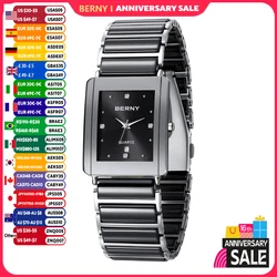 BERNY Ceramics Watches for Men Calendar Casual Rectangle Quartz Watch Vintage Luxury Diamond Dress Wristwatch