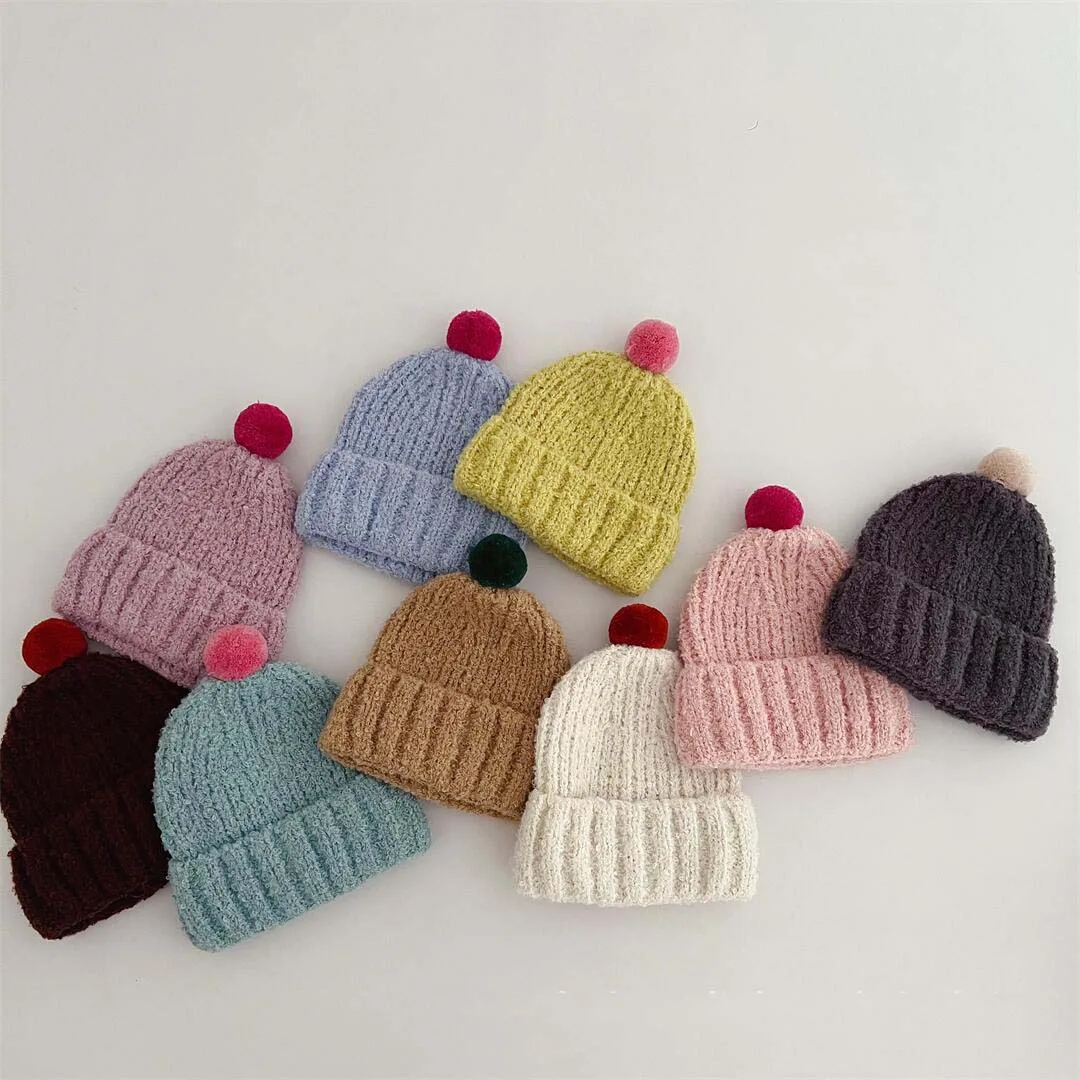 Cute Pom Pom Kids Hats 2023 Spring Autumn Kids Knit Hat Soft Elastic Baby Bonnet Caps For Girls Boys Kids Accessories