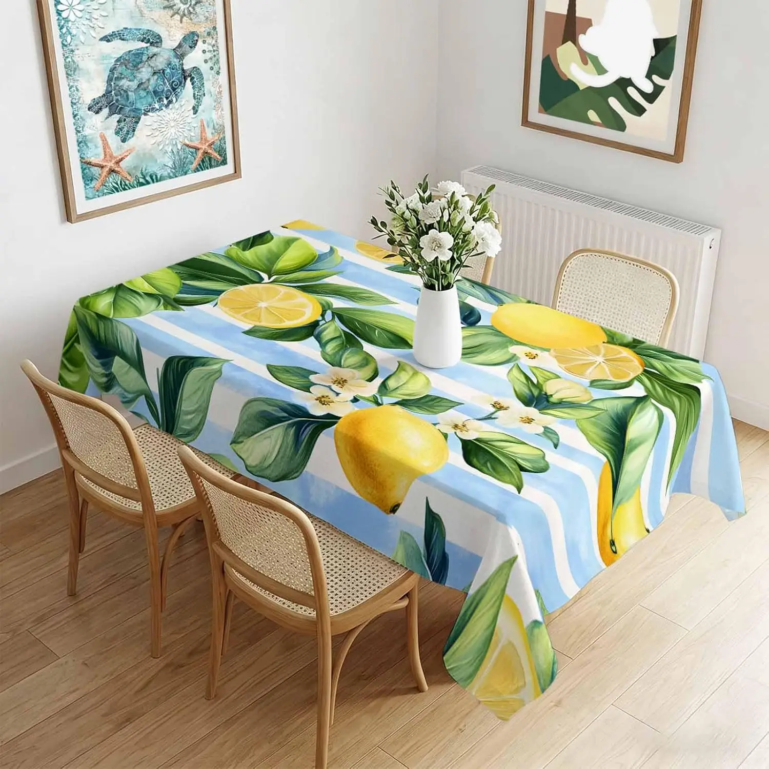 Summer Lemon Green Leaves Flower Print Tablecloth for Table Decor Watercolor Blue Stripes Rectangle Table Cloth Home Party Decor