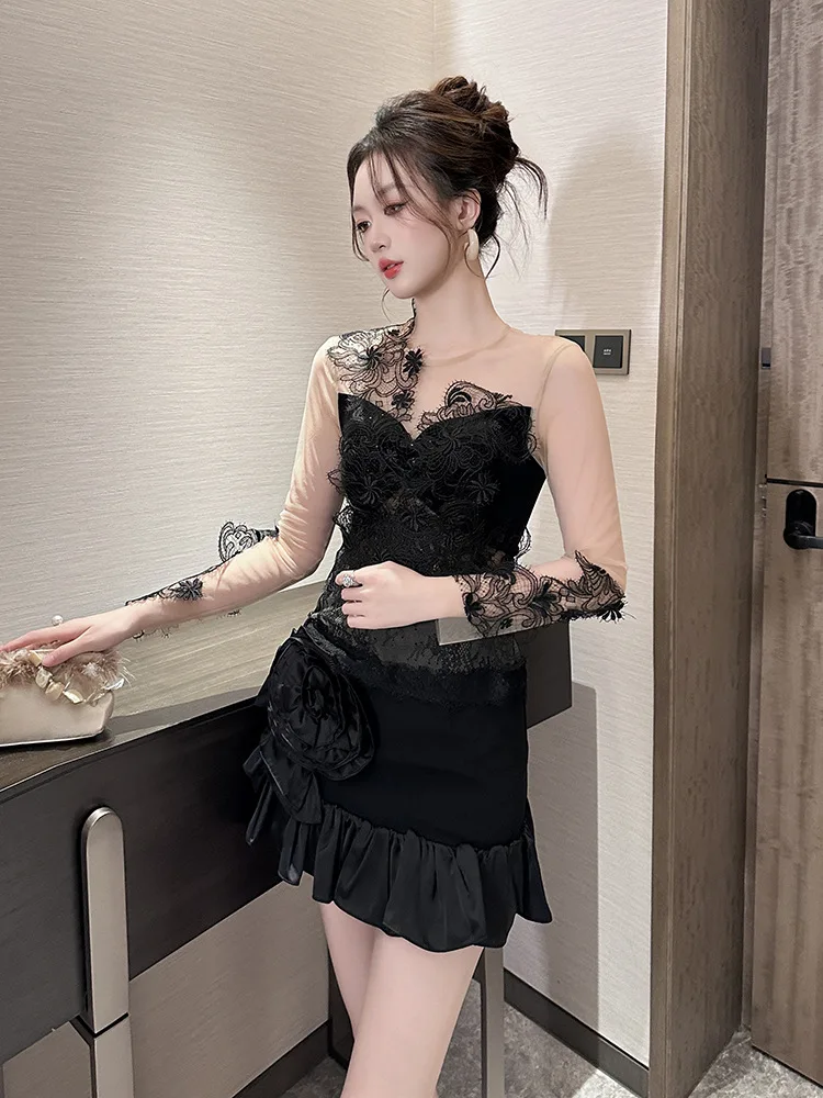 Spring New Women's Clothing Pure Lust Style Sexy Mesh Stitching Slim Lace Top Chic Small Shirt
