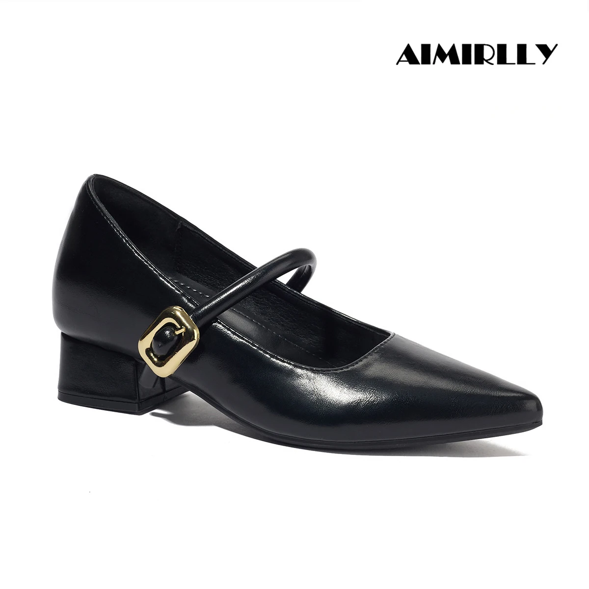 Women Mary Jane Shoes Ponited Toe Mid Heel Pumps Buckle Strap Black & Wine Red Comfortable Footwear