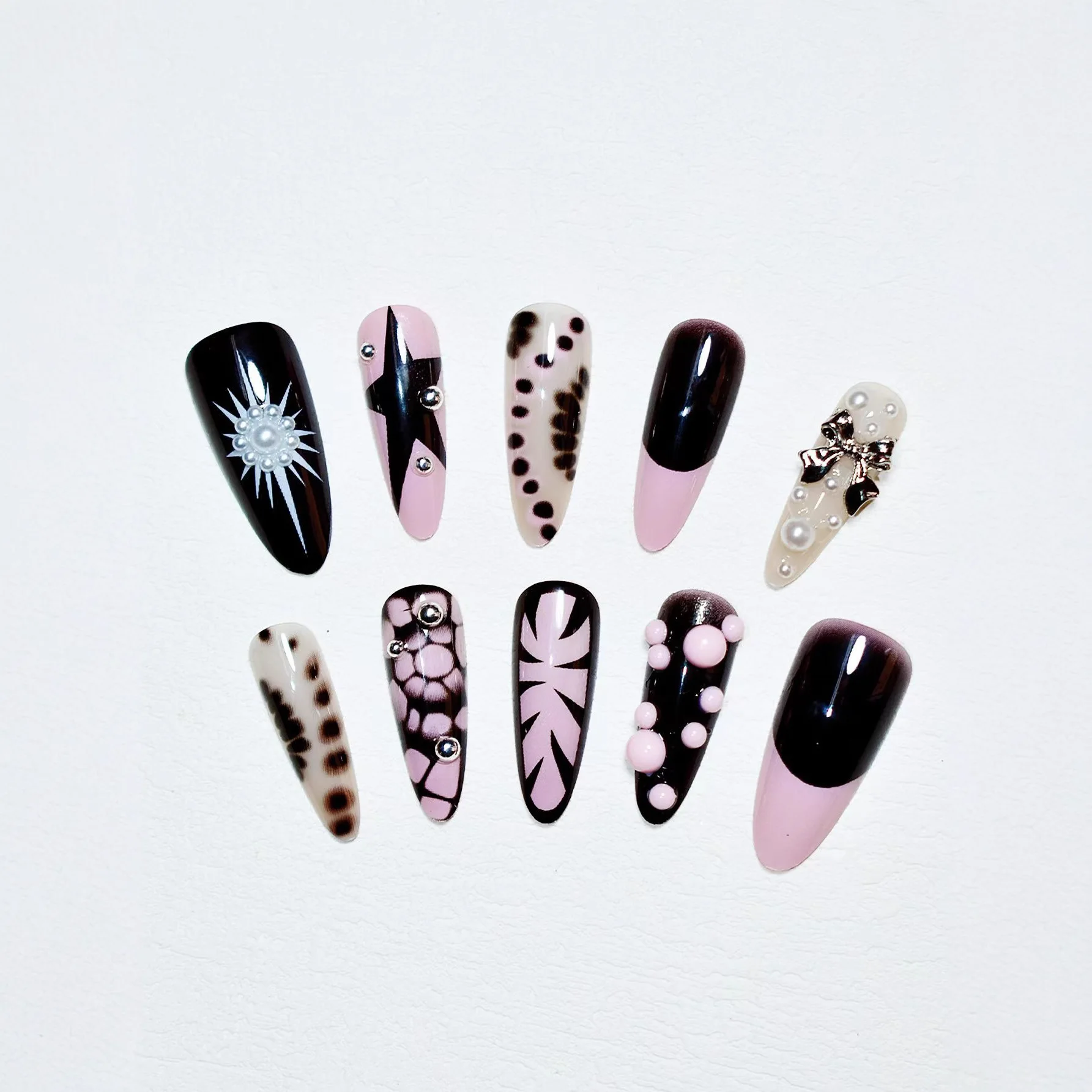 เล็บปลอมลายเสือดาวสีชมพูดำหวานเย็น 10 ชิ้น ทำมือ สำหรับผู้หญิง สไตล์ยุโรป กอธิค พังก์