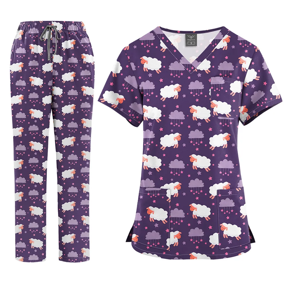 4-Way Stretch Print Medical Scrub Set V Neck Multi Pocket Drawstring Straight Matching Pants Nurse Vet Beautician Work Uniform